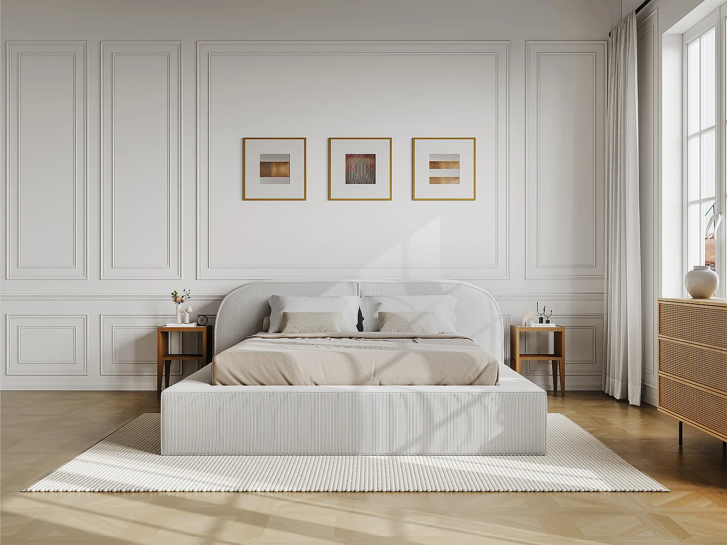 Lit Coffre Japandi Velours Côtelé Crème - Liraba