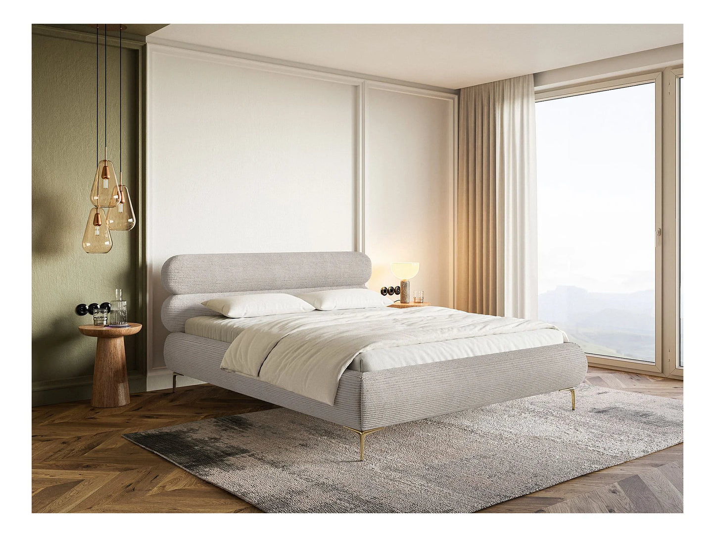 Lit Coffre Japandi 160x200 Velours Côtelé Grège & Pieds Dorés