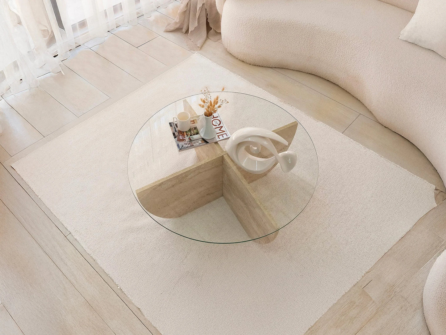 Table Basse Japandi Ronde en Verre et Pieds Effet Travertin - Aysun