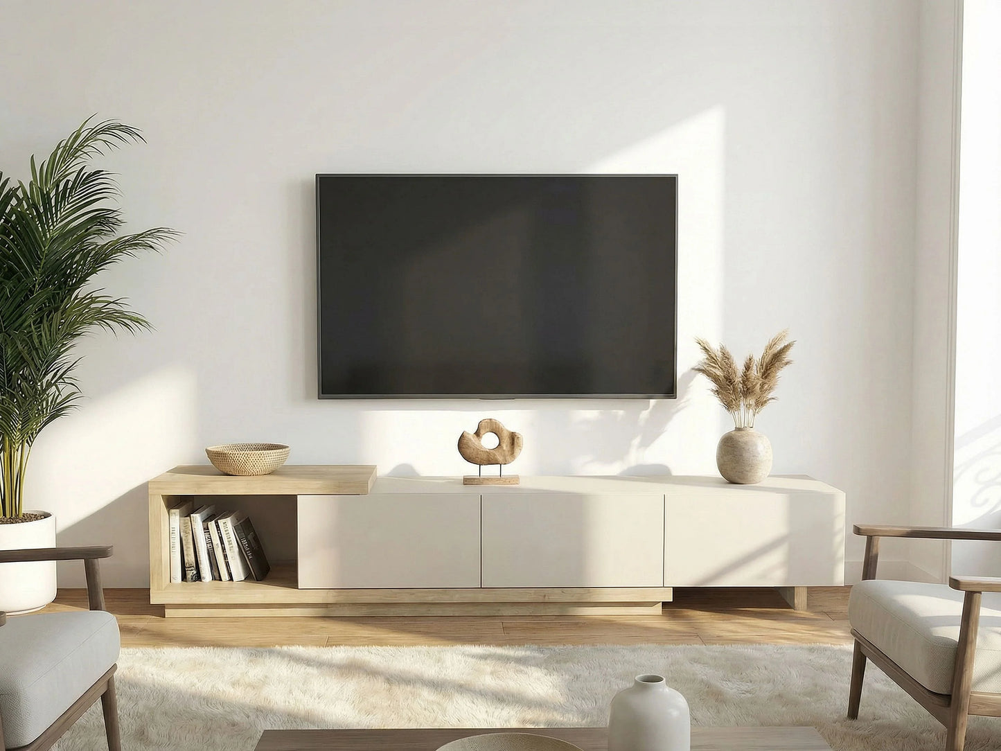 Meuble TV Japandi Beige et Bois (3 Tiroirs Et 1 Niche) - Dukian