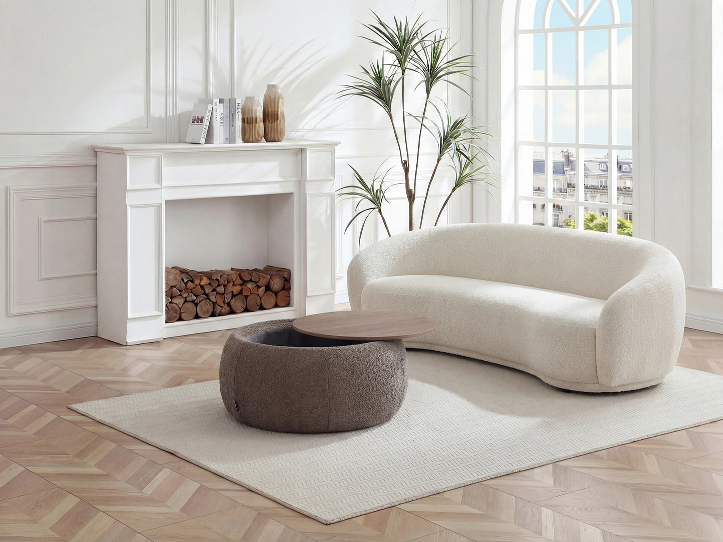 Table Basse Japandi Pouf Bouclette Marron - Sorieli