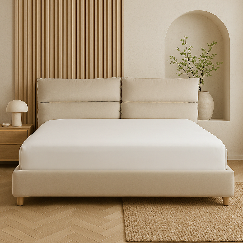 Lit Double Japandi en Tissu Beige 180x200 – Batilly