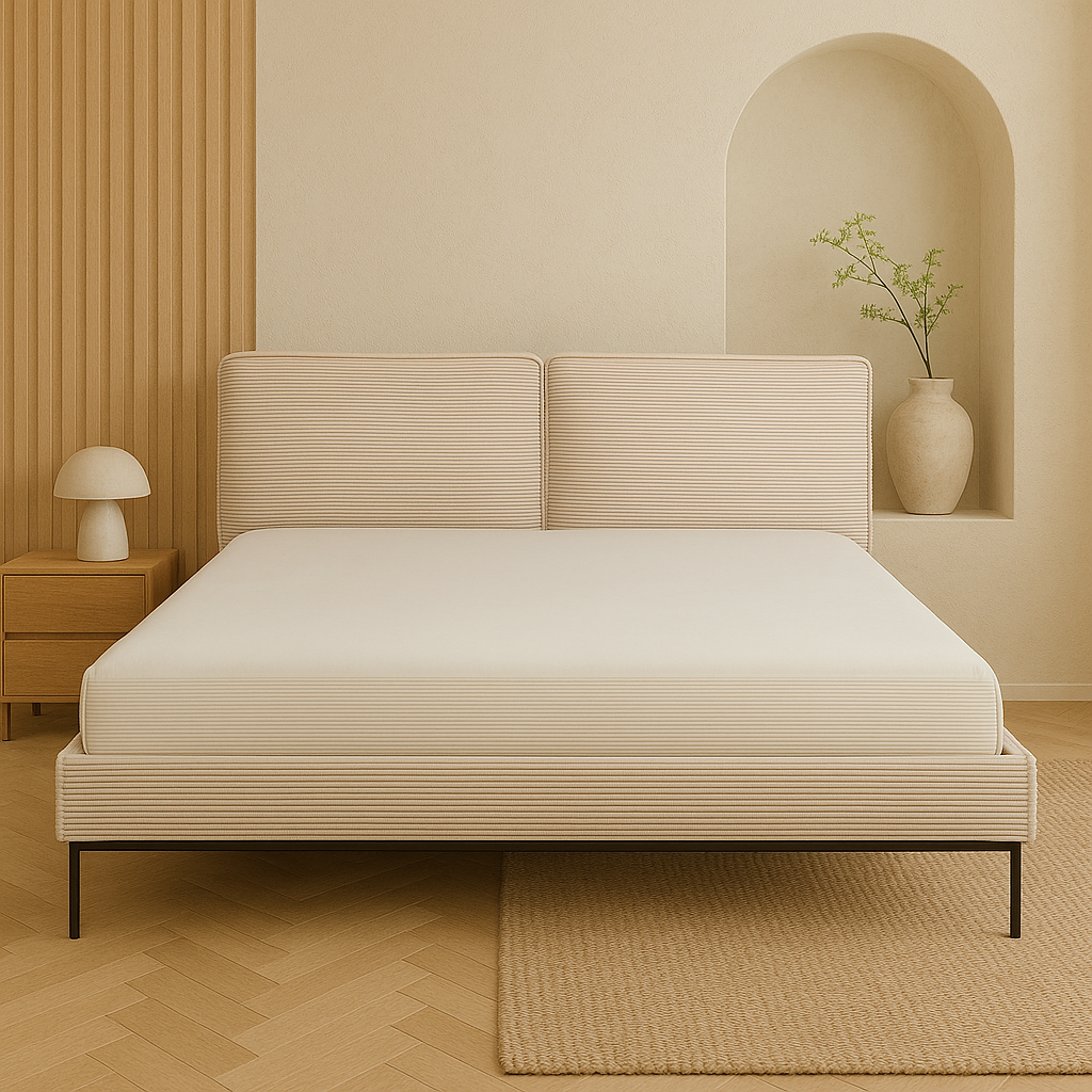 Lit 160x200 Japandi en polyester côtelé crème – East side cord