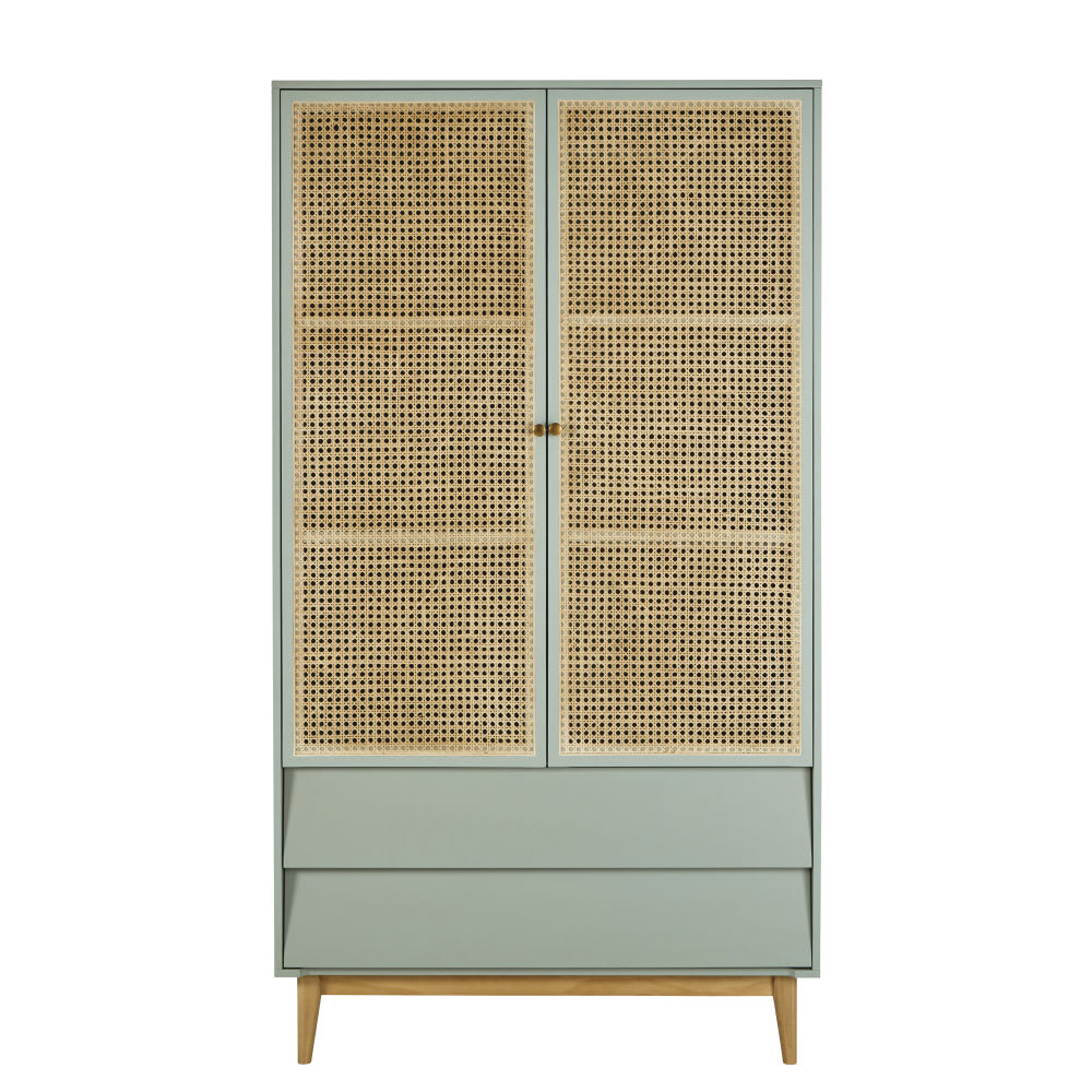 Armoire Japandi 2 portes battantes 2 tiroirs cannage en rotin – Suzelle