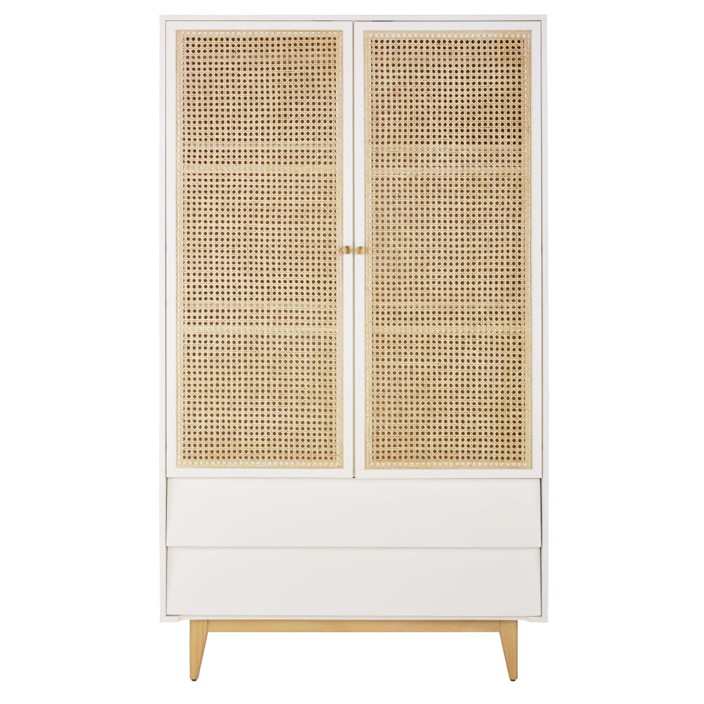 Armoire Japandi 2 portes battantes 2 tiroirs cannage en rotin – Suzelle