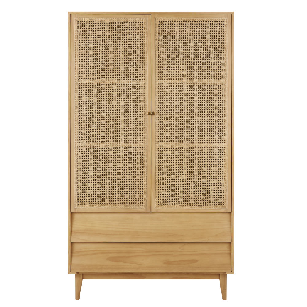 Armoire Japandi 2 portes battantes 2 tiroirs cannage en rotin – Suzelle