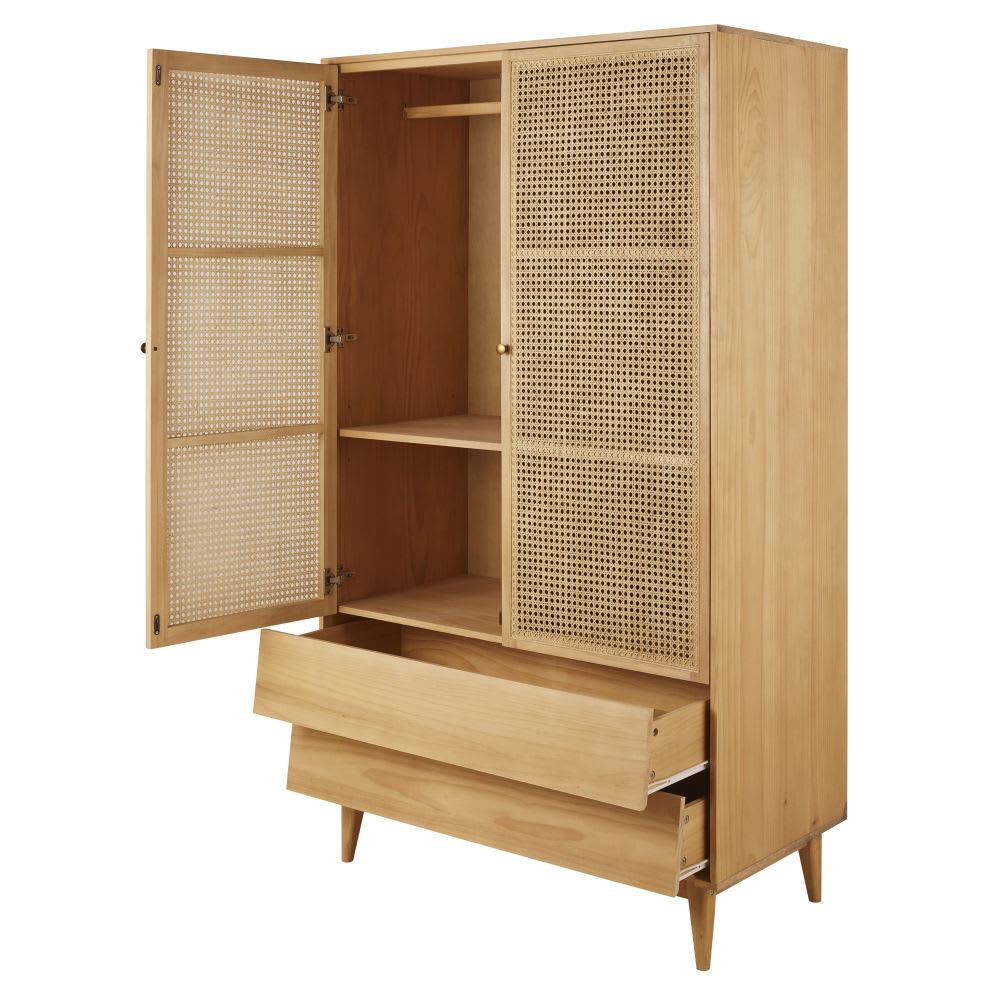Armoire Japandi 2 portes battantes 2 tiroirs cannage en rotin – Suzelle