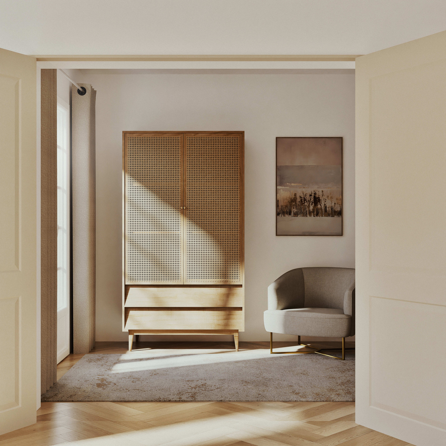 Armoire Japandi 2 portes battantes 2 tiroirs cannage en rotin – Suzelle