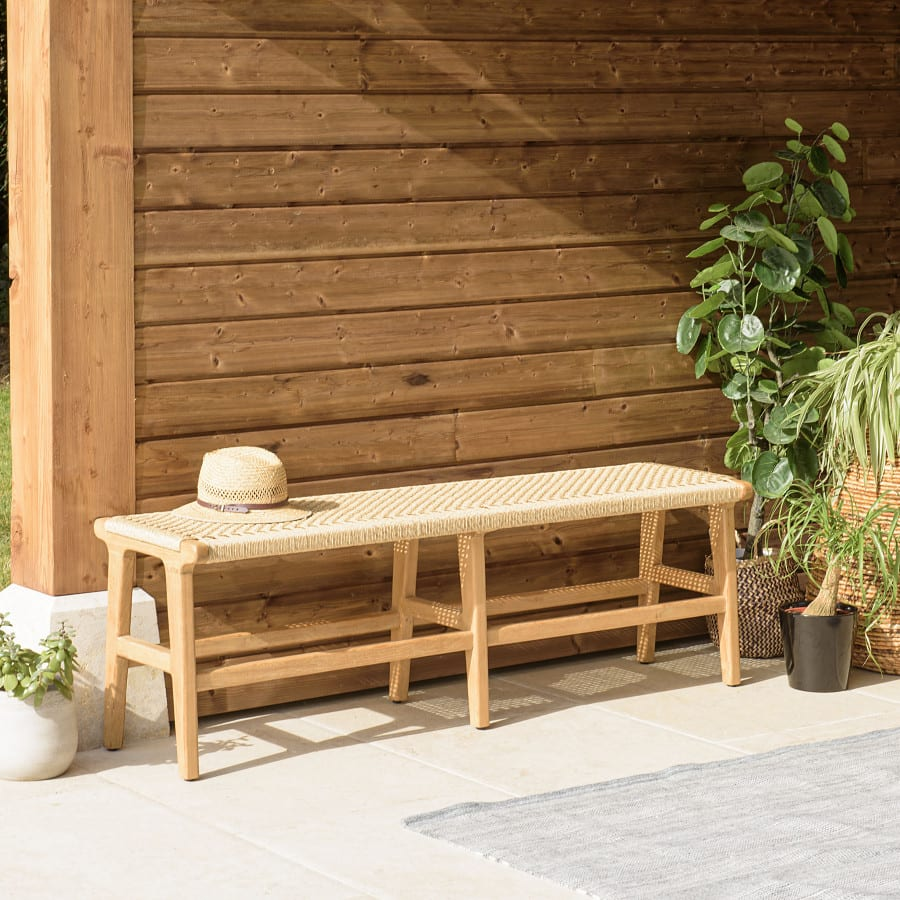 Banc Japandi 3 places teck et rotin synthétique beige – Valeria