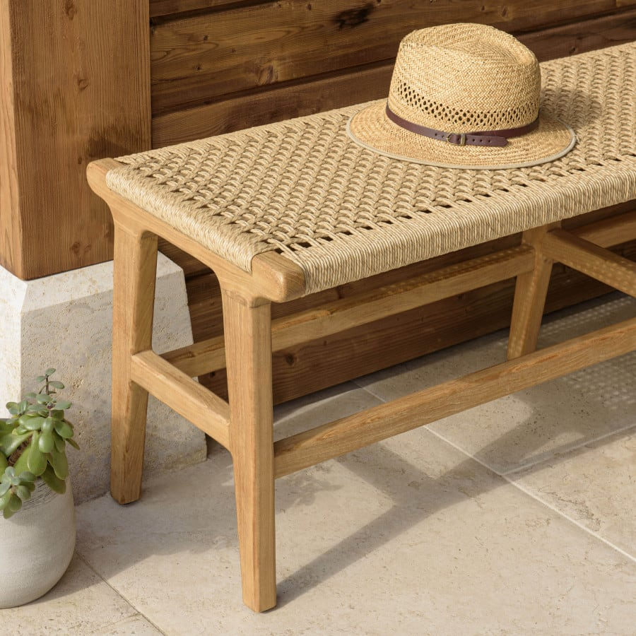 Banc Japandi 3 places teck et rotin synthétique beige – Valeria