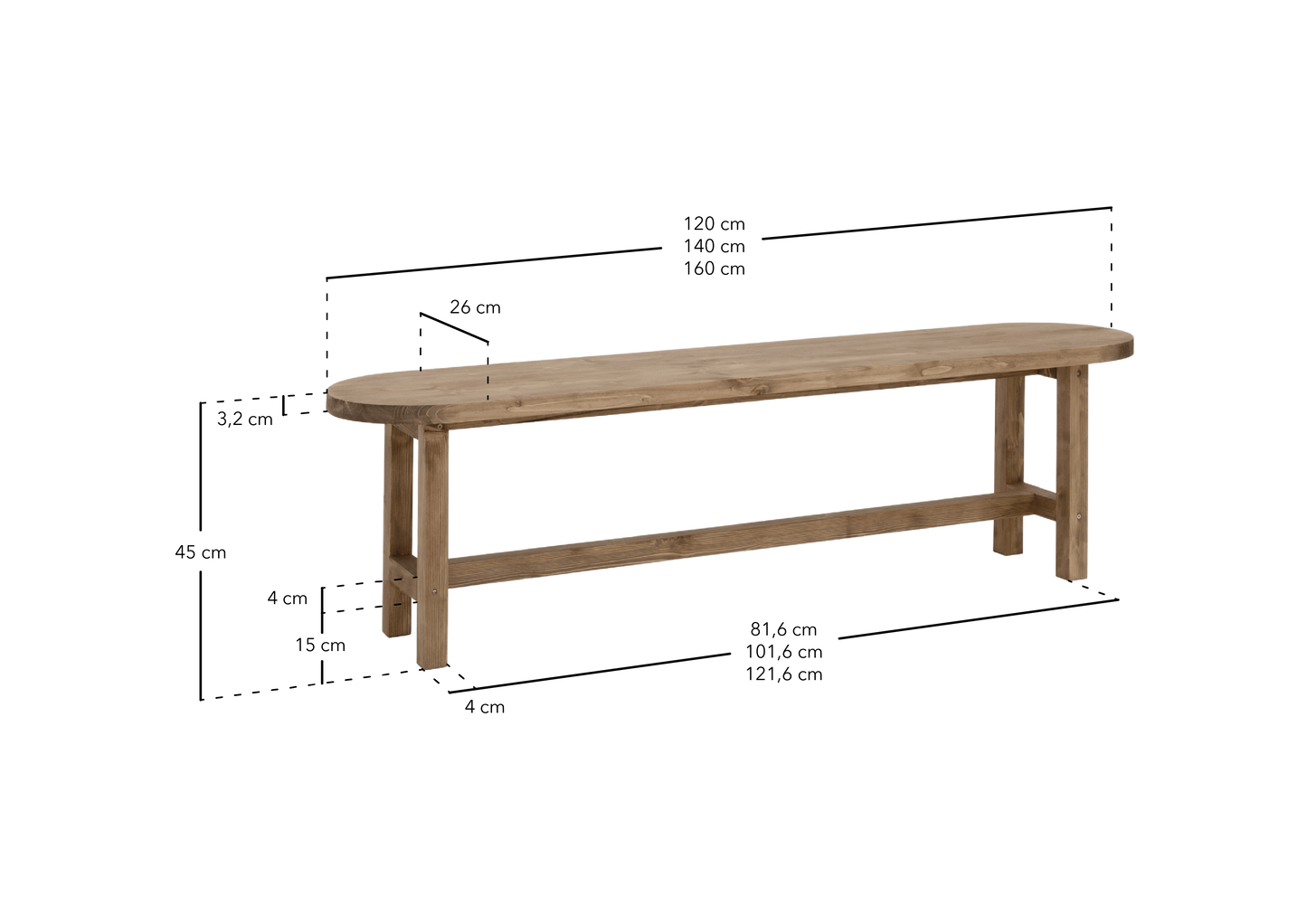 Banc Japandi en bois de sapin vieilli 120x45cm – Olivia