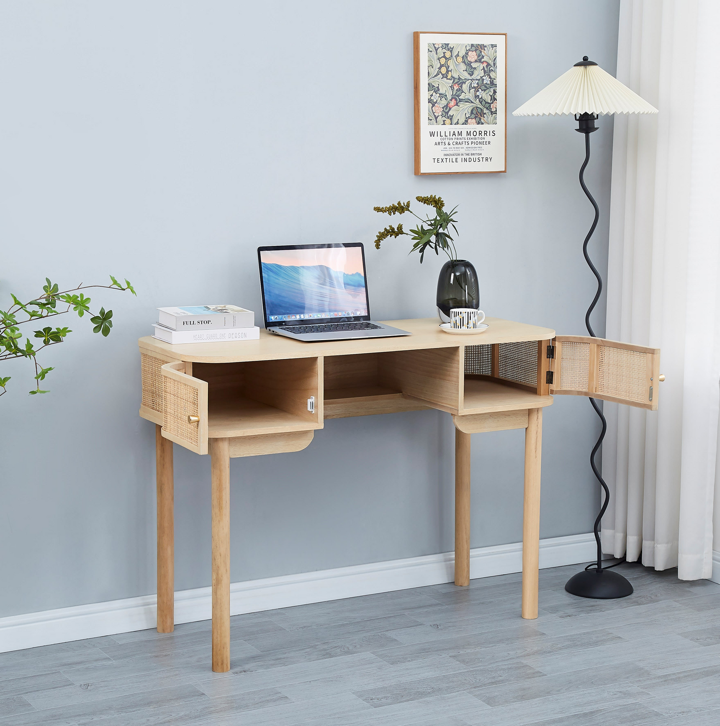Bureau Japandi 2 portes en bois et cannage – NomduProduit