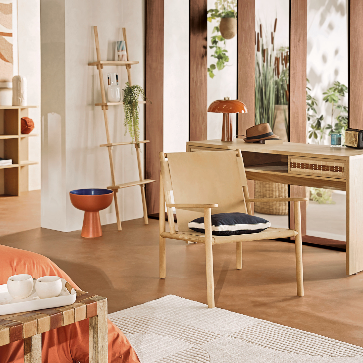 Bureau Japandi 2 tiroirs 1 niche en bambou tressé – Varuna