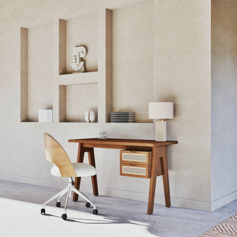 Bureau Japandi 2 tiroirs bois d'acacia massif cannage rotin – Santa Fe