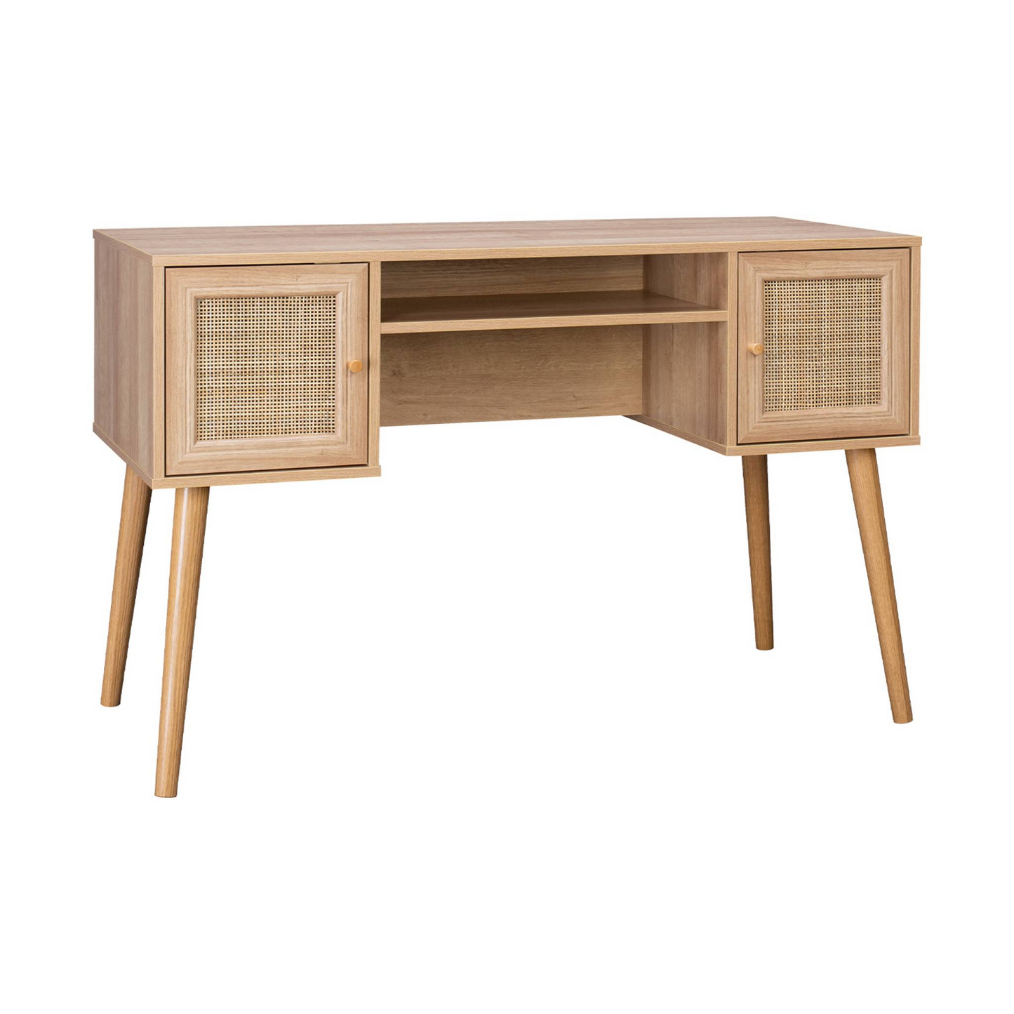 Bureau Japandi cannage et décor bois avec 2 portes – Boheme