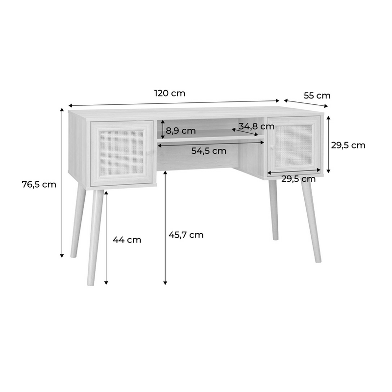 Bureau Japandi cannage et décor bois avec 2 portes – Boheme