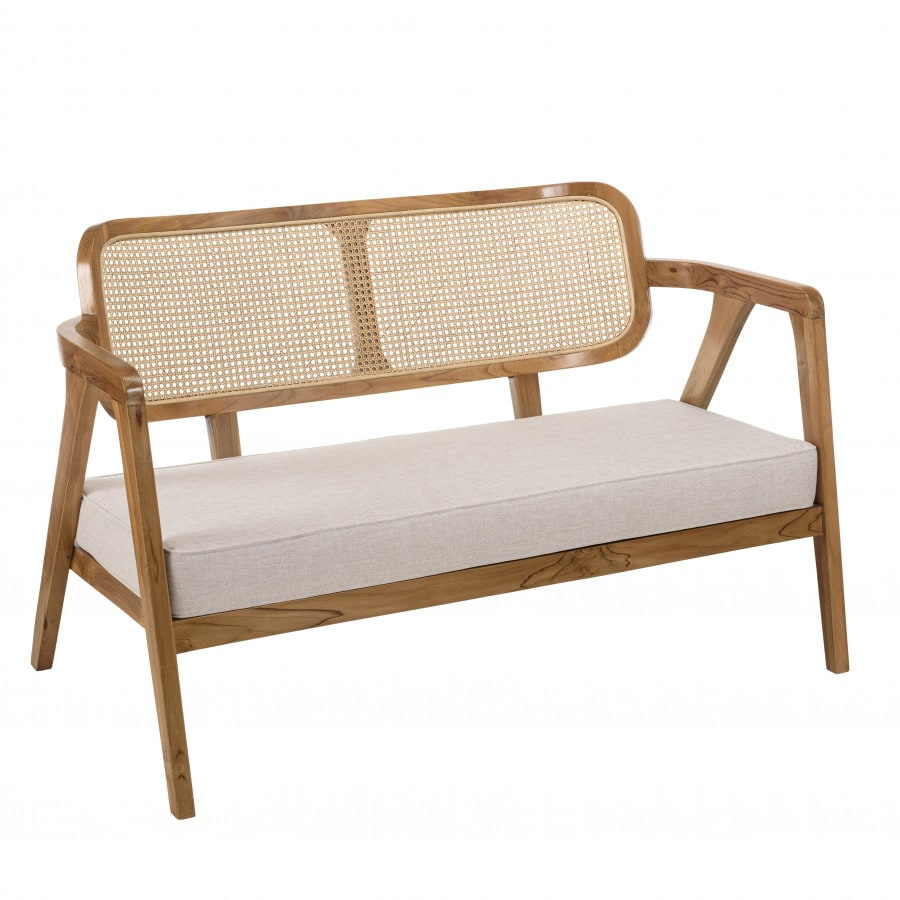 Canapé 2 places Japandi teck dossier cannage naturel coussin gris – Will