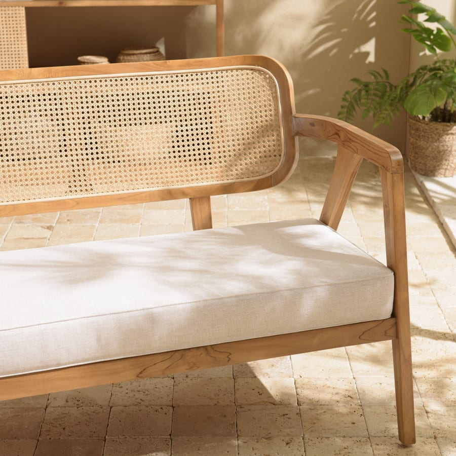 Canapé 2 places Japandi teck dossier cannage naturel coussin gris – Will