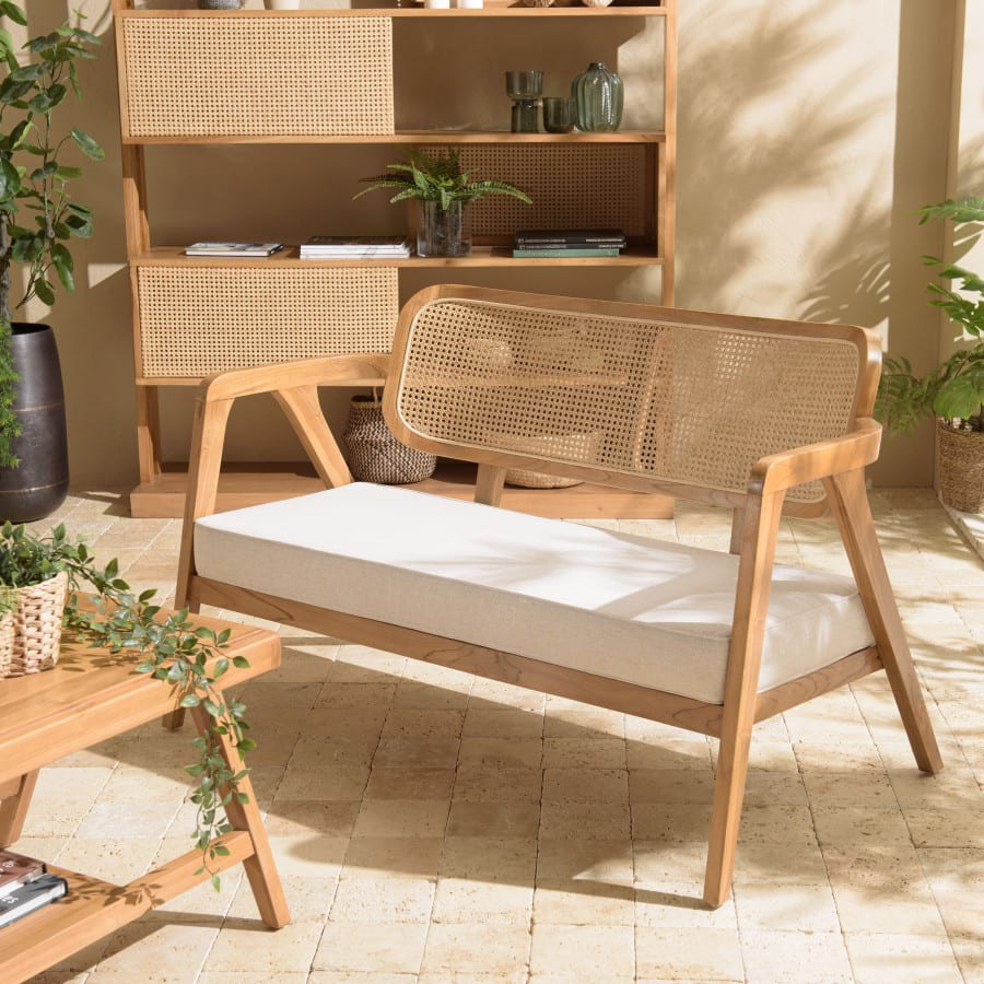 Canapé 2 places Japandi teck dossier cannage naturel coussin gris – Will