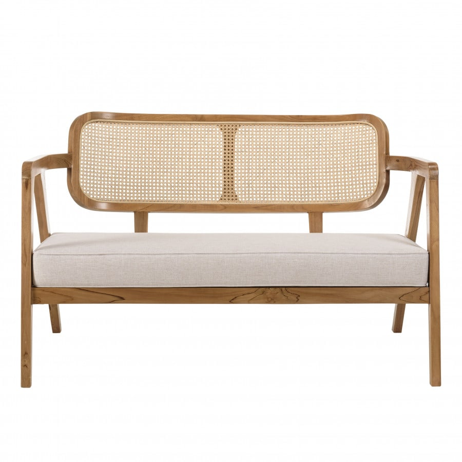 Canapé 2 places Japandi teck dossier cannage naturel coussin gris – Will