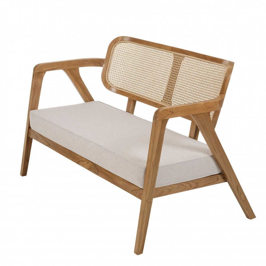 Canapé 2 places Japandi teck dossier cannage naturel coussin gris – Will