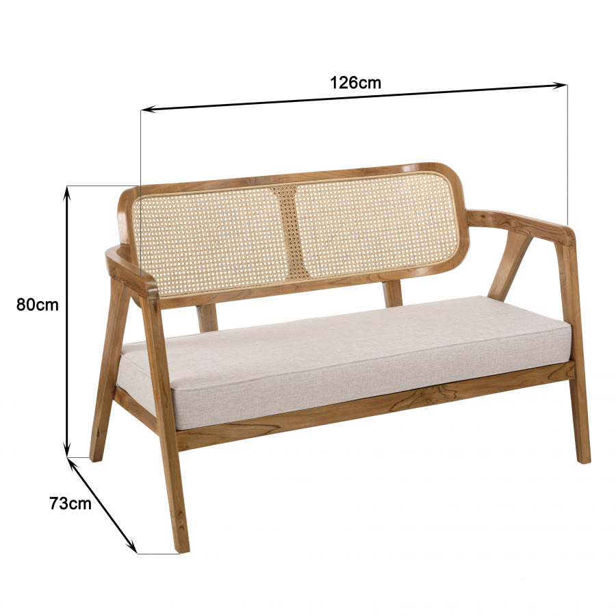 Canapé 2 places Japandi teck dossier cannage naturel coussin gris – Will