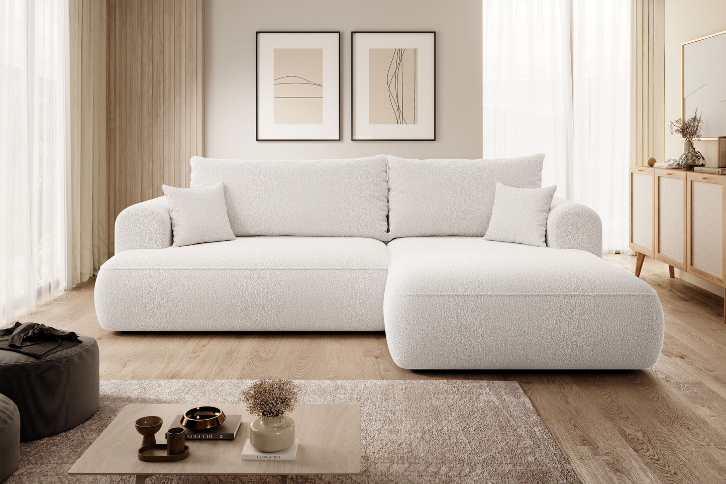 Canapé d'angle convertible Japandi 3 places en bouclette beige - OVO