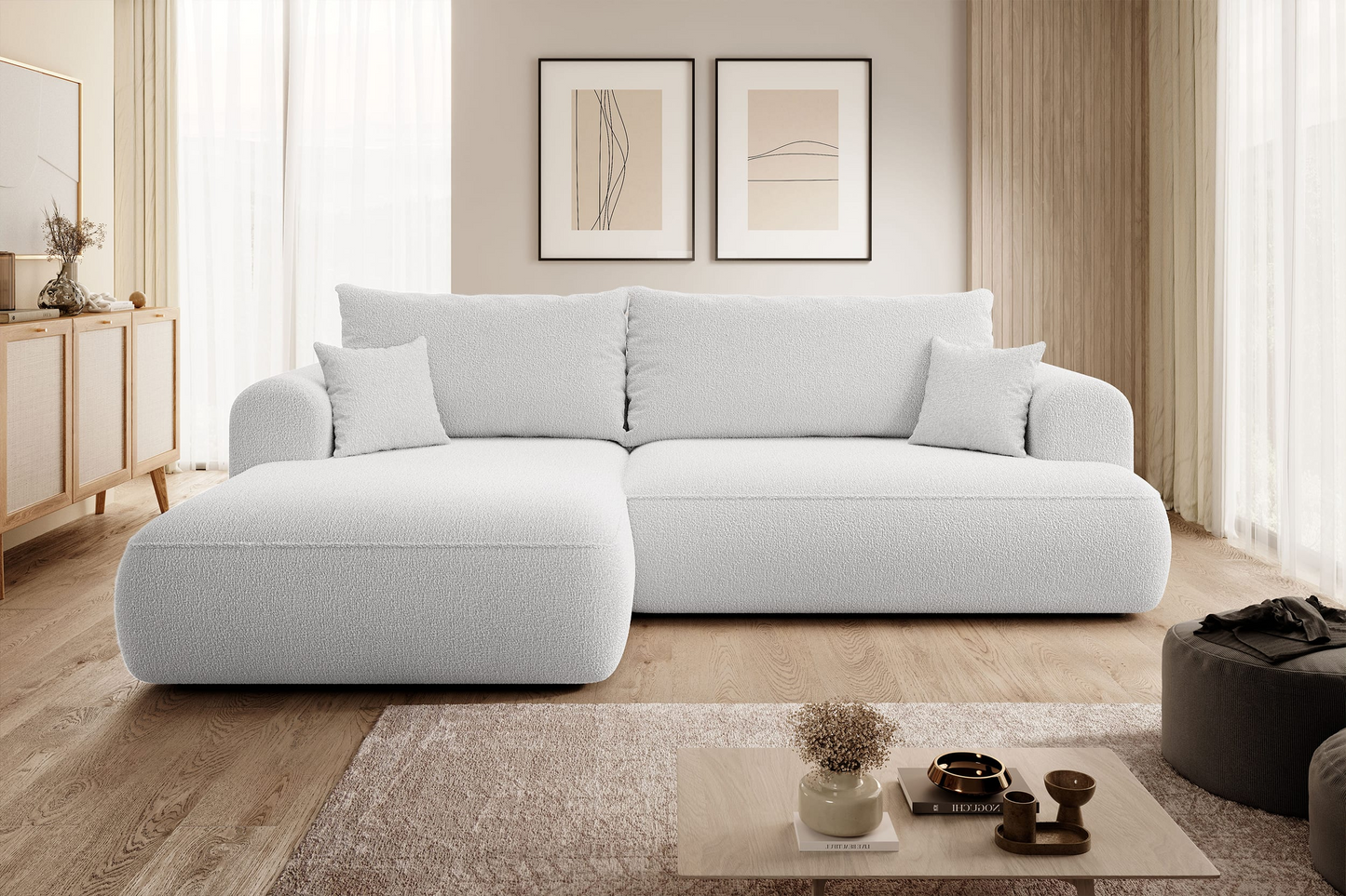 Canapé d'angle convertible Japandi 3 places en bouclette beige - OVO