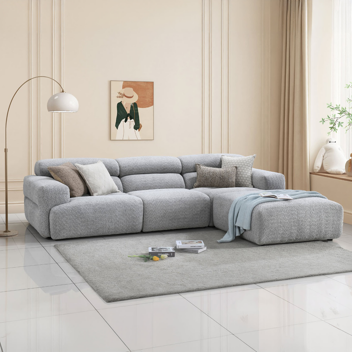Canapé d'angle Japandi 6 places effet peau de mouton gris – Syra