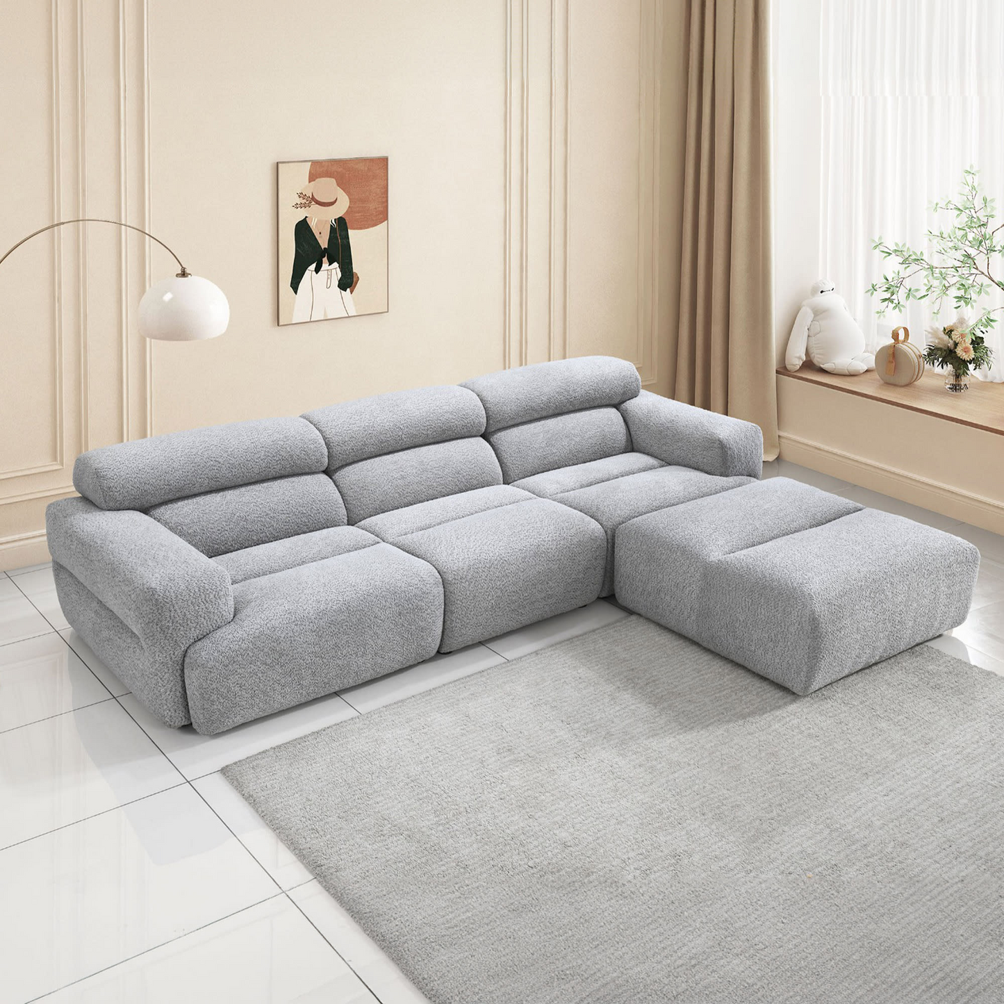 Canapé d'angle Japandi 6 places effet peau de mouton gris – Syra
