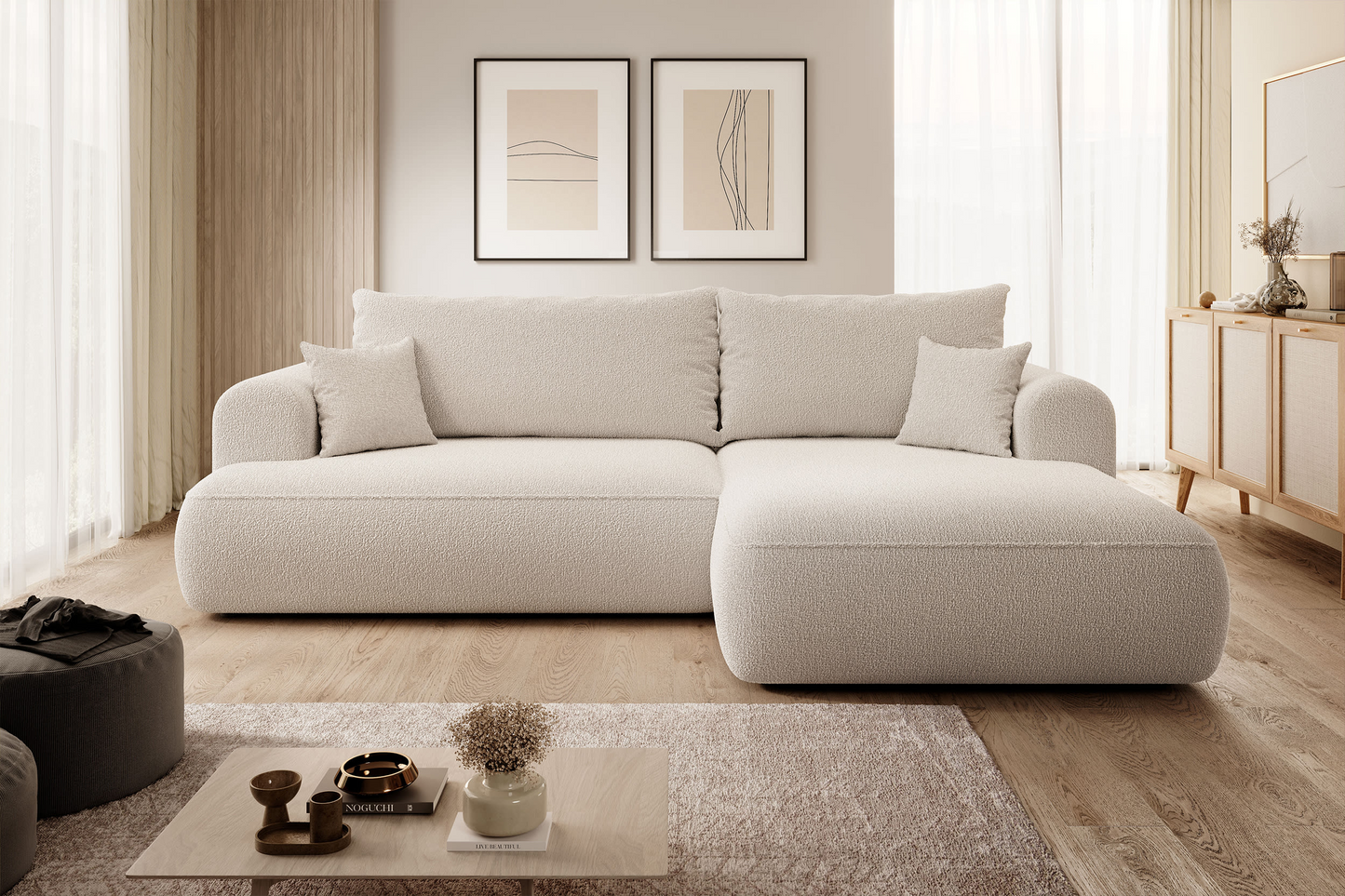Canapé d'angle convertible Japandi 3 places en bouclette beige - OVO