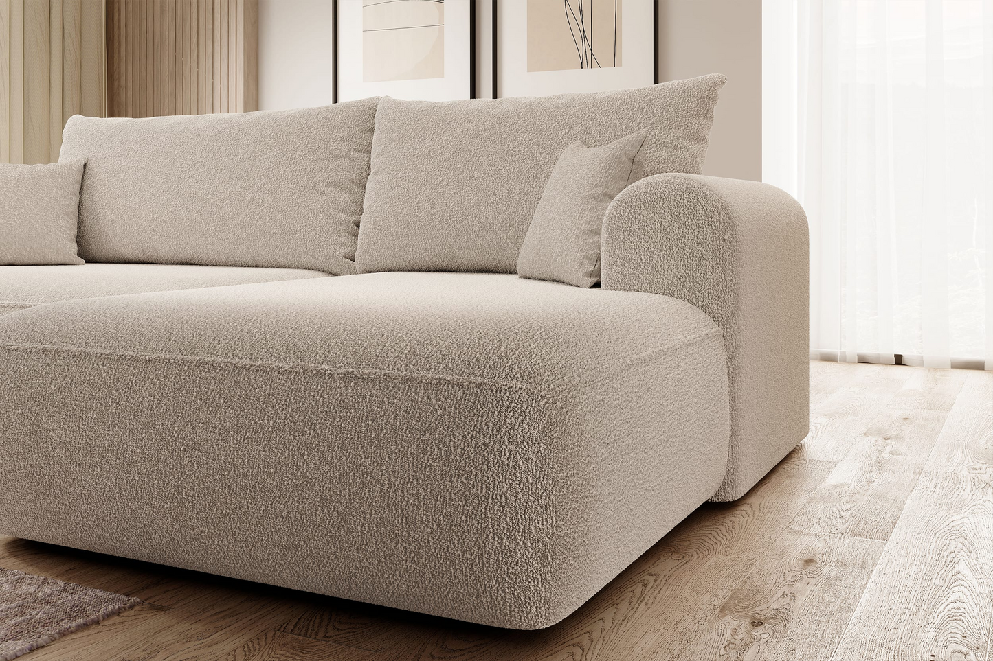 Canapé d'angle convertible Japandi 3 places en bouclette beige - OVO