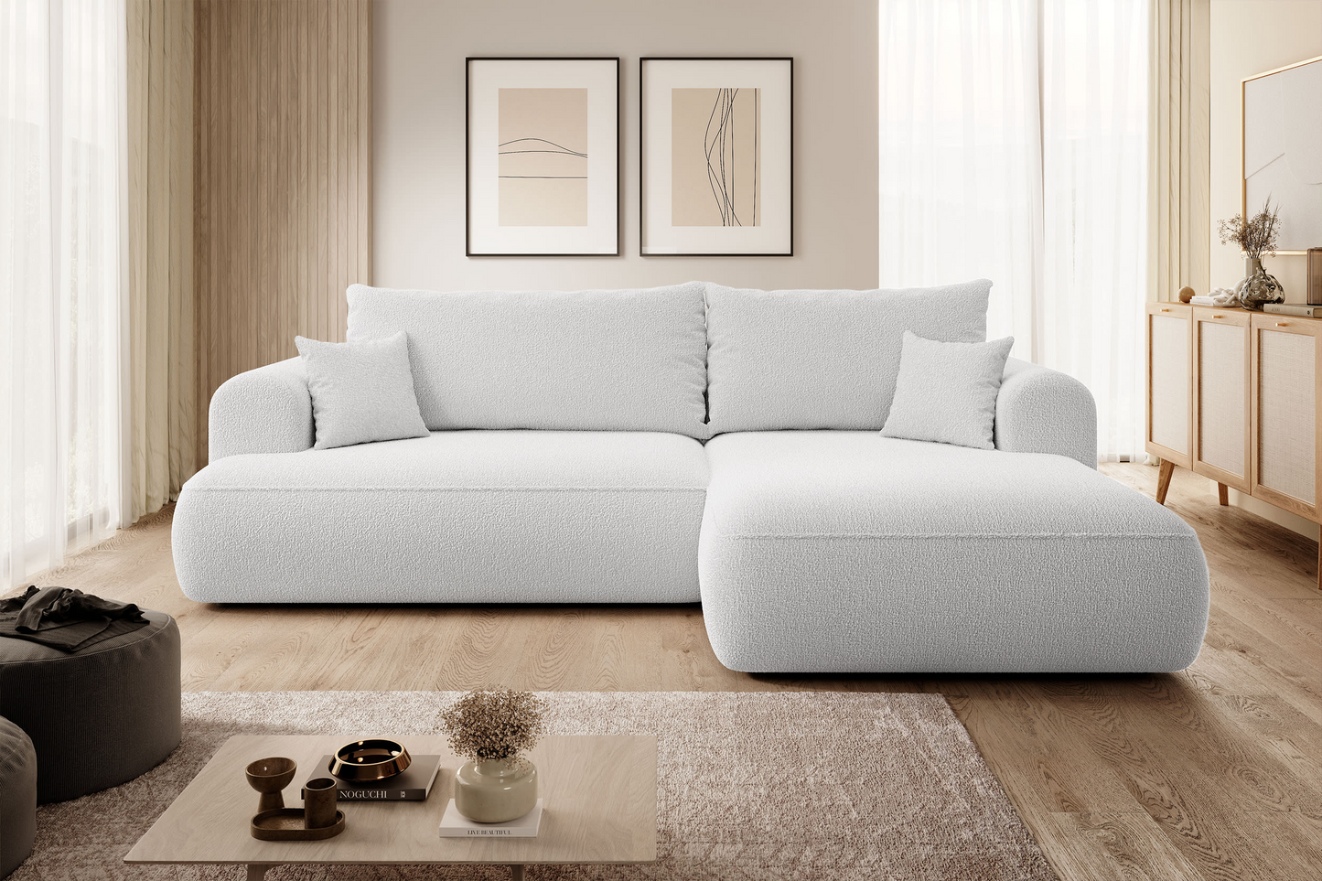 Canapé d'angle convertible Japandi 3 places en bouclette beige - OVO