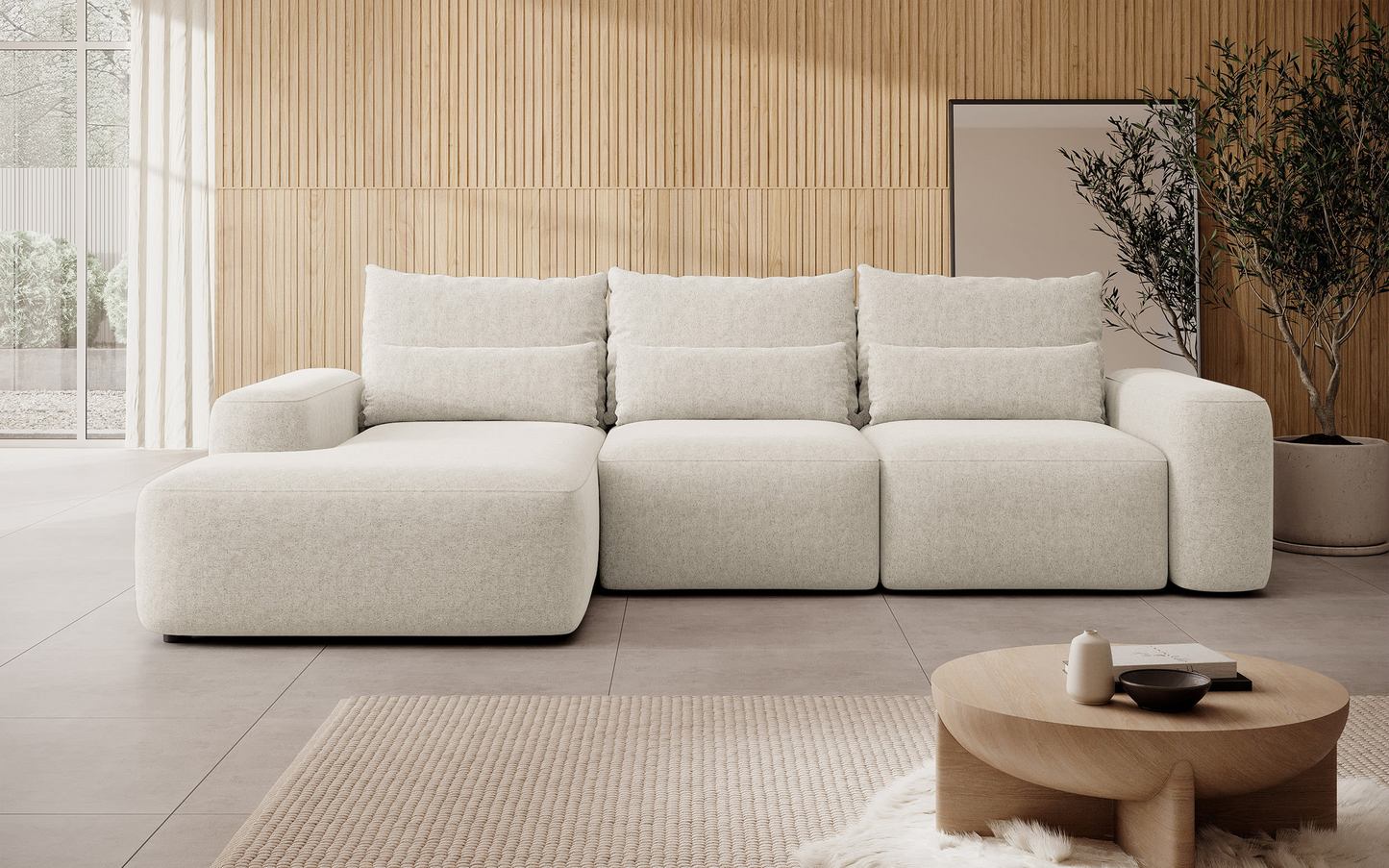 Canapé d'angle convertible 3 places en tissu chenille Japandi – Carnos