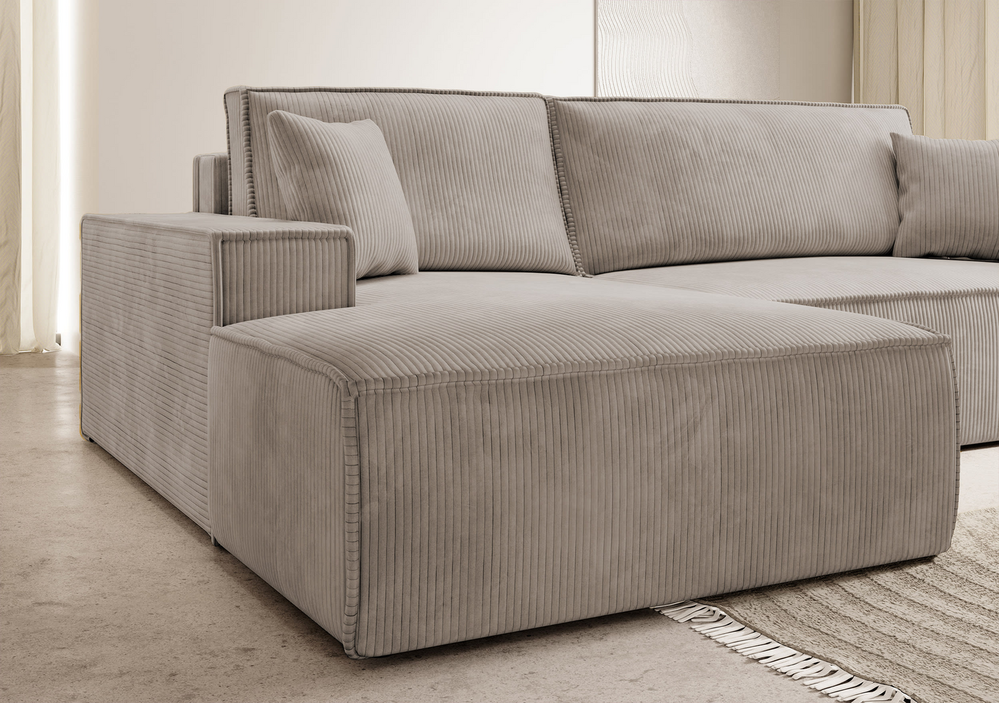 Canapé d'angle convertible Japandi 3 places en velours côtelé beige – FARESE