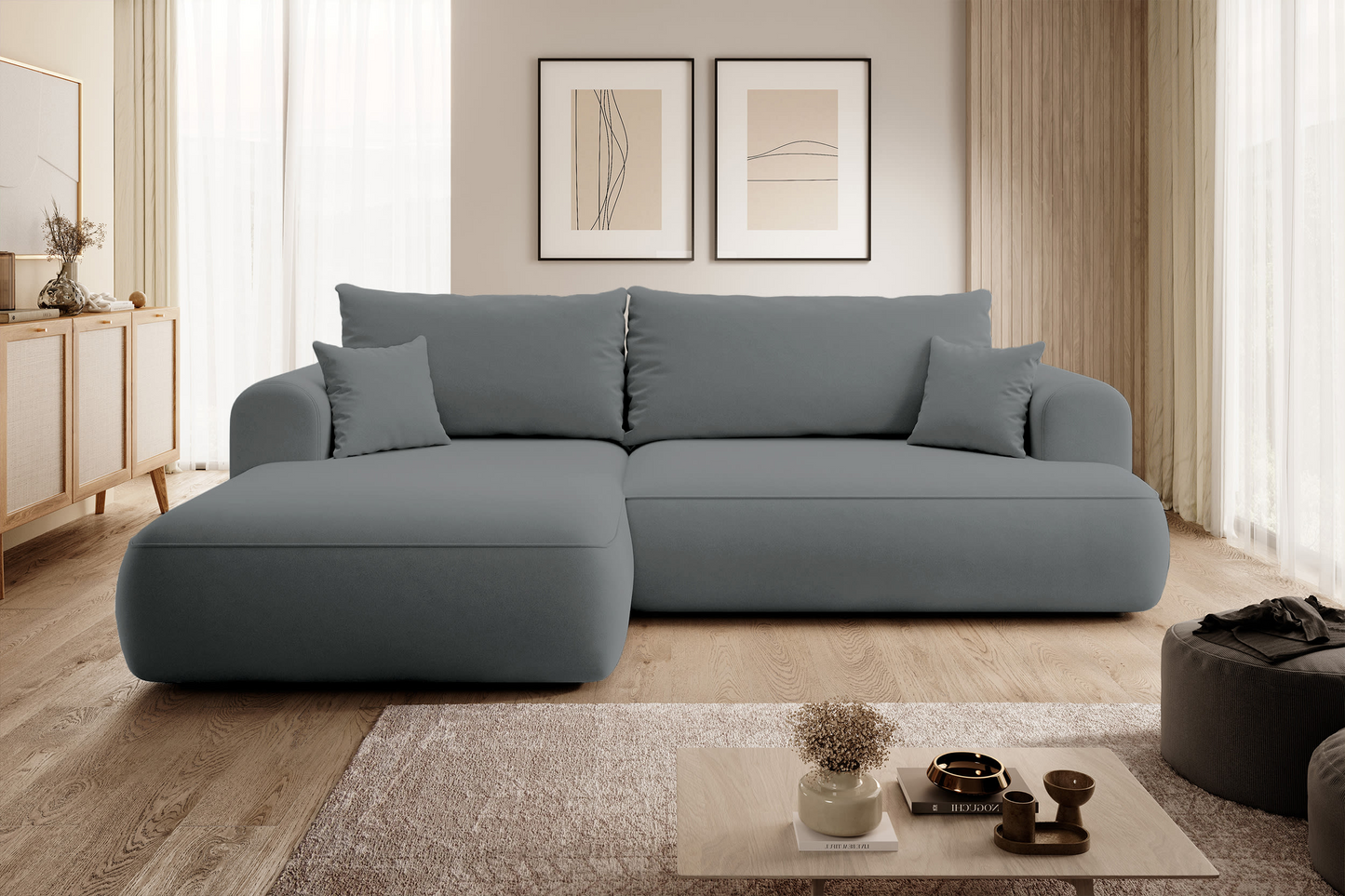 Canapé d'angle convertible Japandi 3 places en bouclette beige - OVO