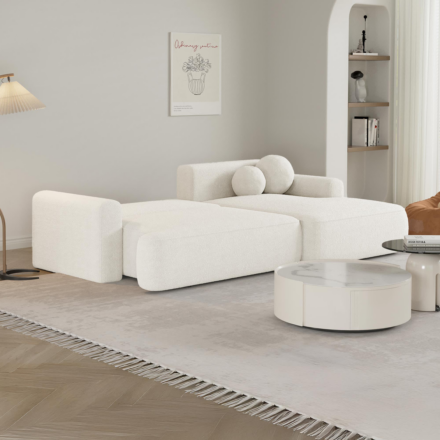 Canapé d'angle convertible Japandi 6 places effet peau de mouton beige – Anais