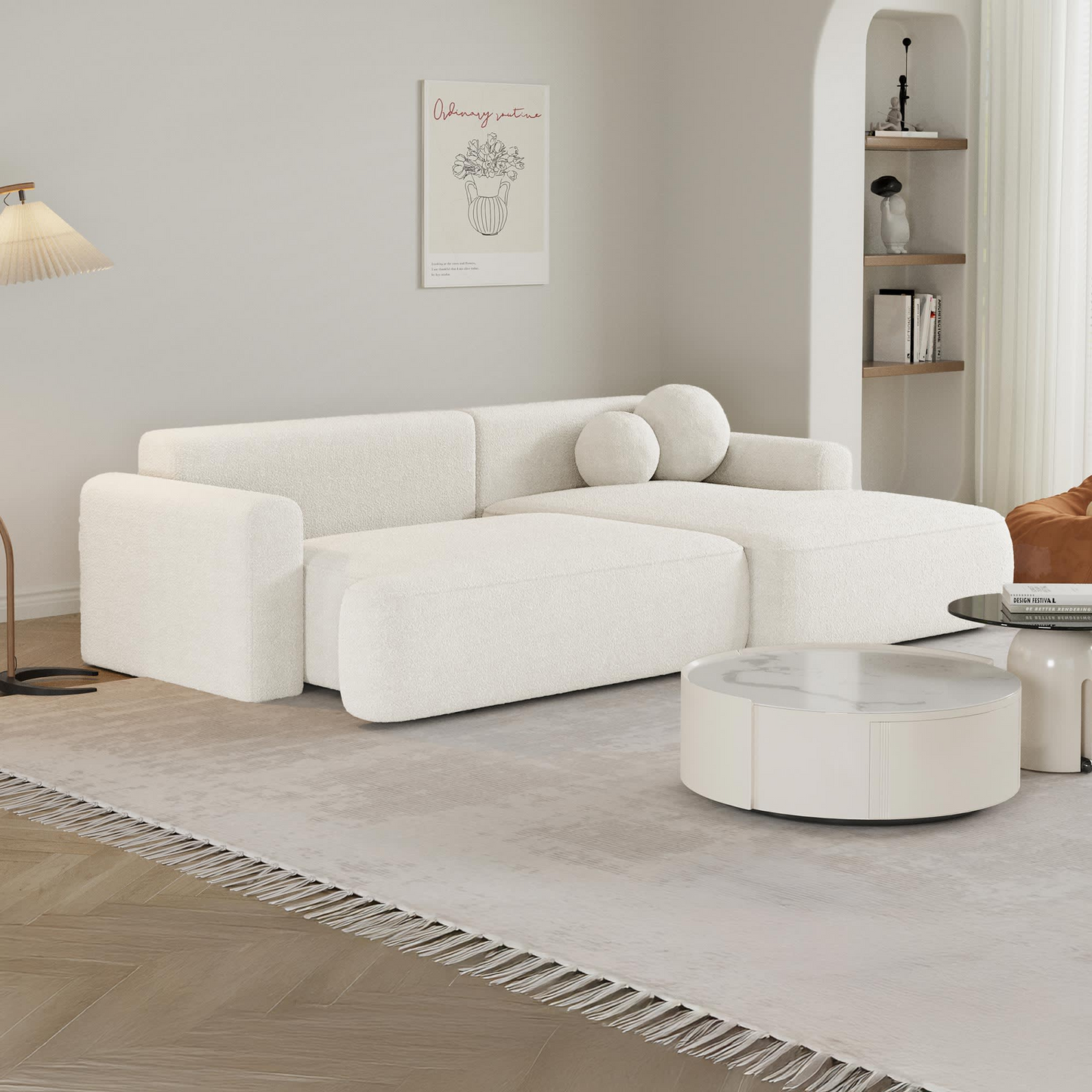 Canapé d'angle convertible Japandi 6 places effet peau de mouton beige – Anais