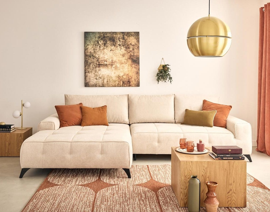 Canapé d'angle convertible Japandi 4 places en tissu texturé beige – Rimini