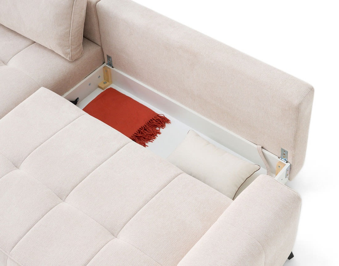 Canapé d'angle convertible Japandi 4 places en tissu texturé beige – Rimini