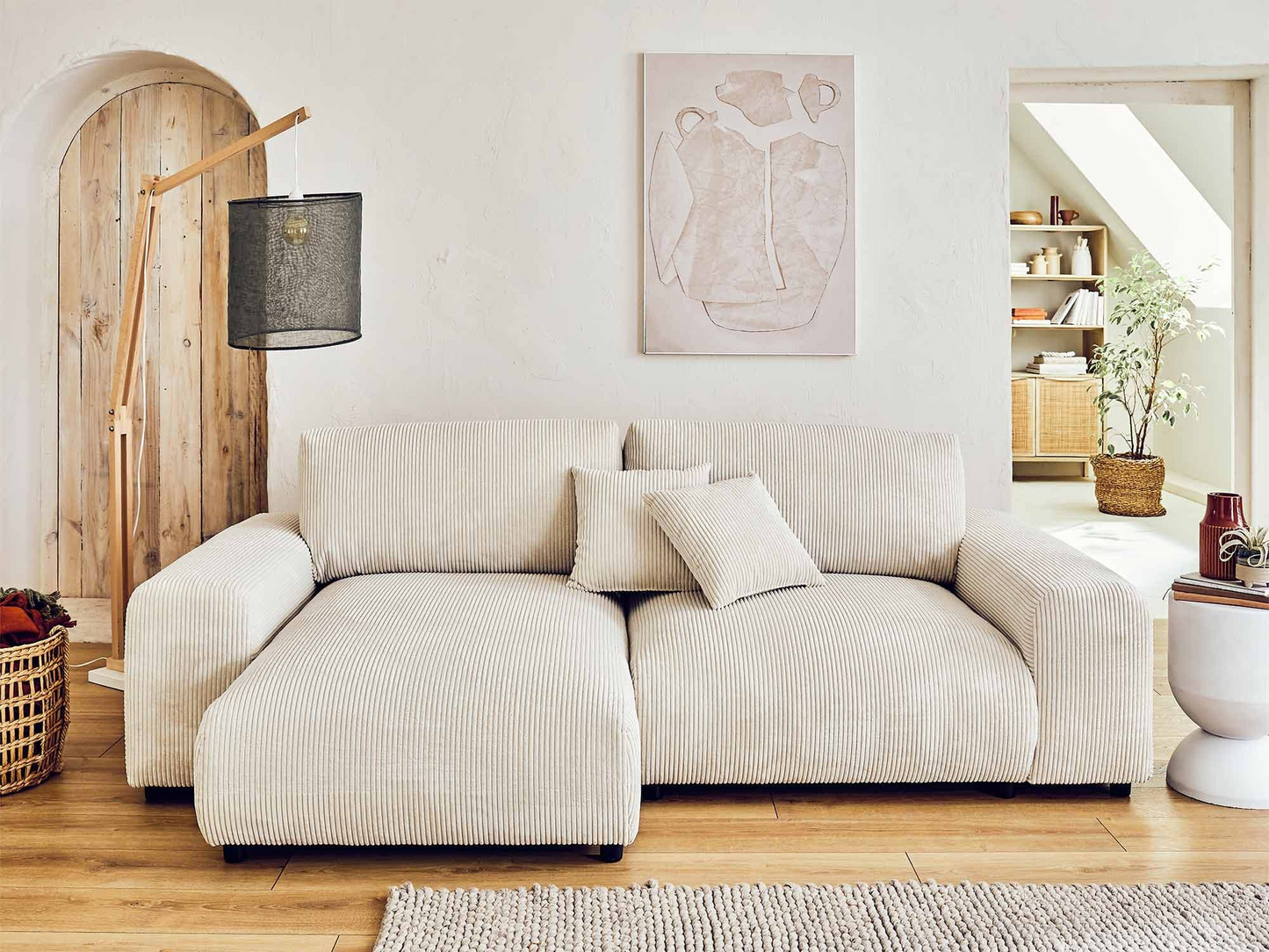 Canapé d'angle réversible 4 places en velours côtelé beige Japandi - Garance