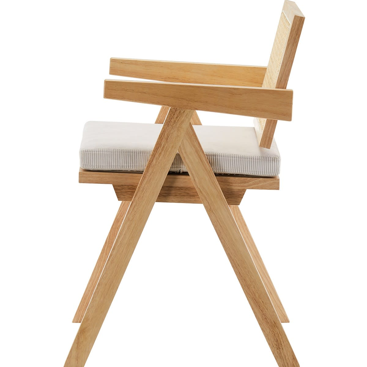 Chaise Japandi en bois massif, cannage et velours côtelé beige – Lina