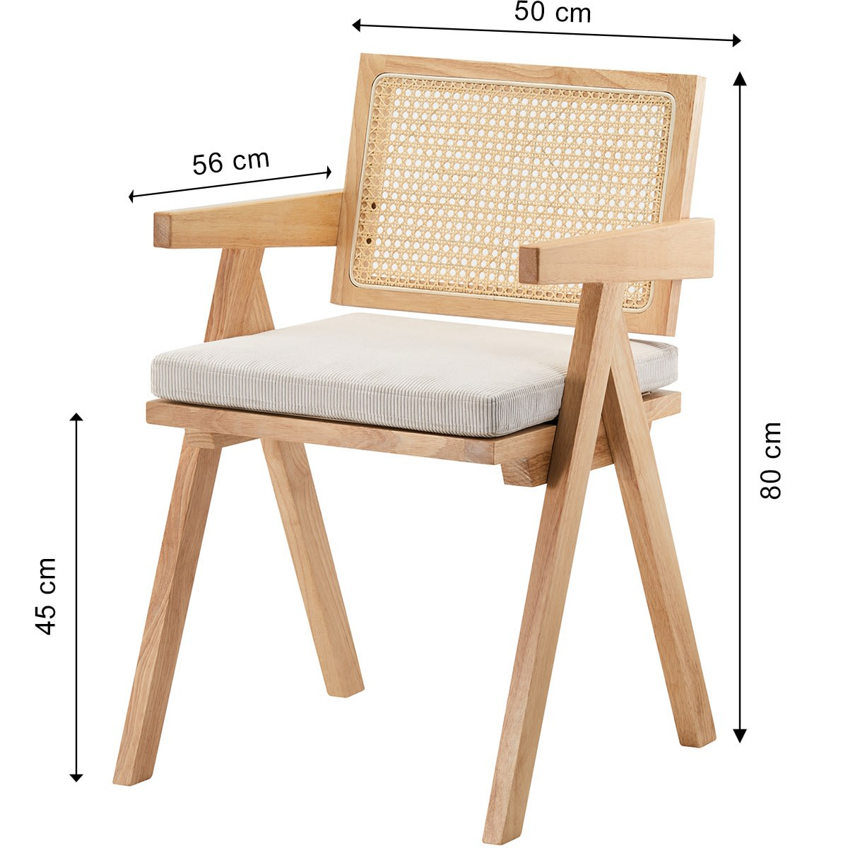 Chaise Japandi en bois massif, cannage et velours côtelé beige – Lina