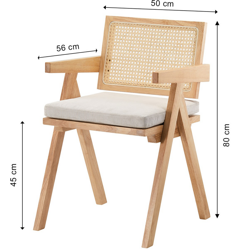 Chaise Japandi en bois massif, cannage et velours côtelé beige – Lina