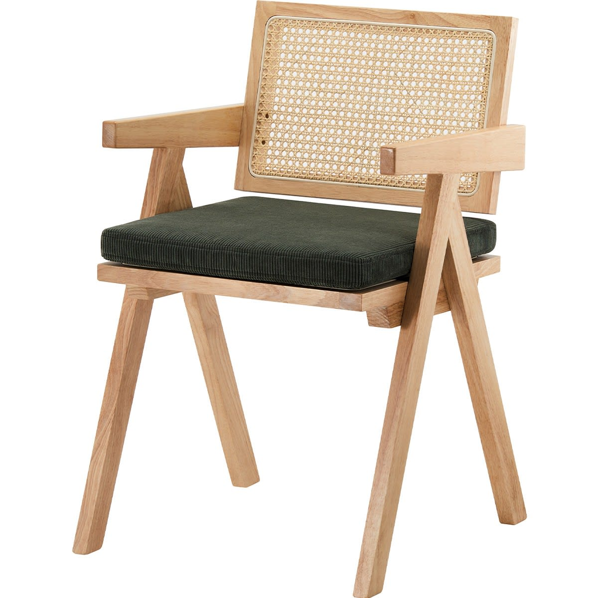 Chaise Japandi en bois massif, cannage et velours côtelé beige – Lina