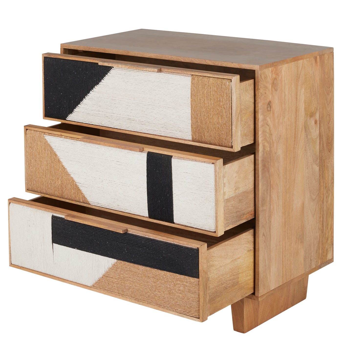 Commode Japandi 3 tiroirs manguier massif et coton tissé tricolore – Swahi