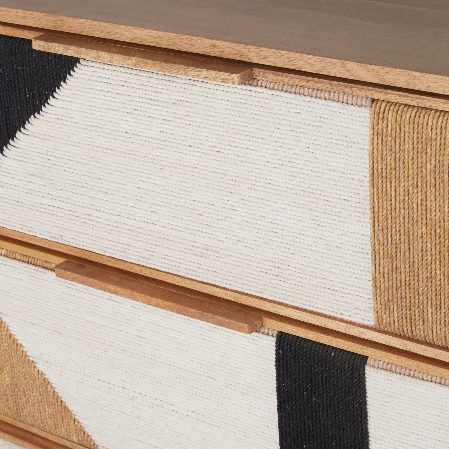 Commode Japandi 3 tiroirs manguier massif et coton tissé tricolore – Swahi
