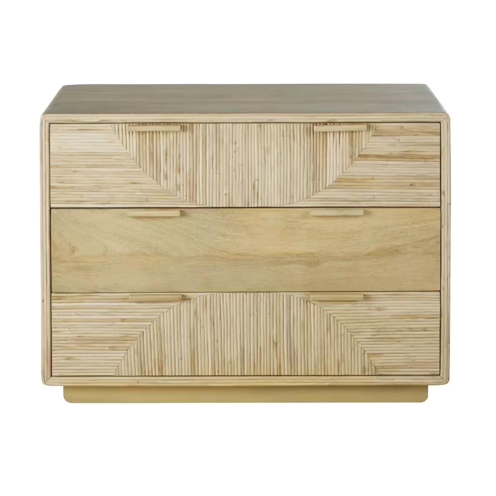 Commode Japandi 3 tiroirs marqueterie rotin beige – Ratane