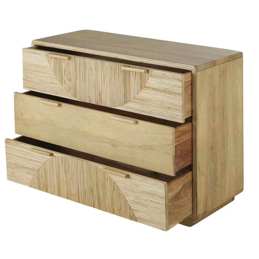 Commode Japandi 3 tiroirs marqueterie rotin beige – Ratane