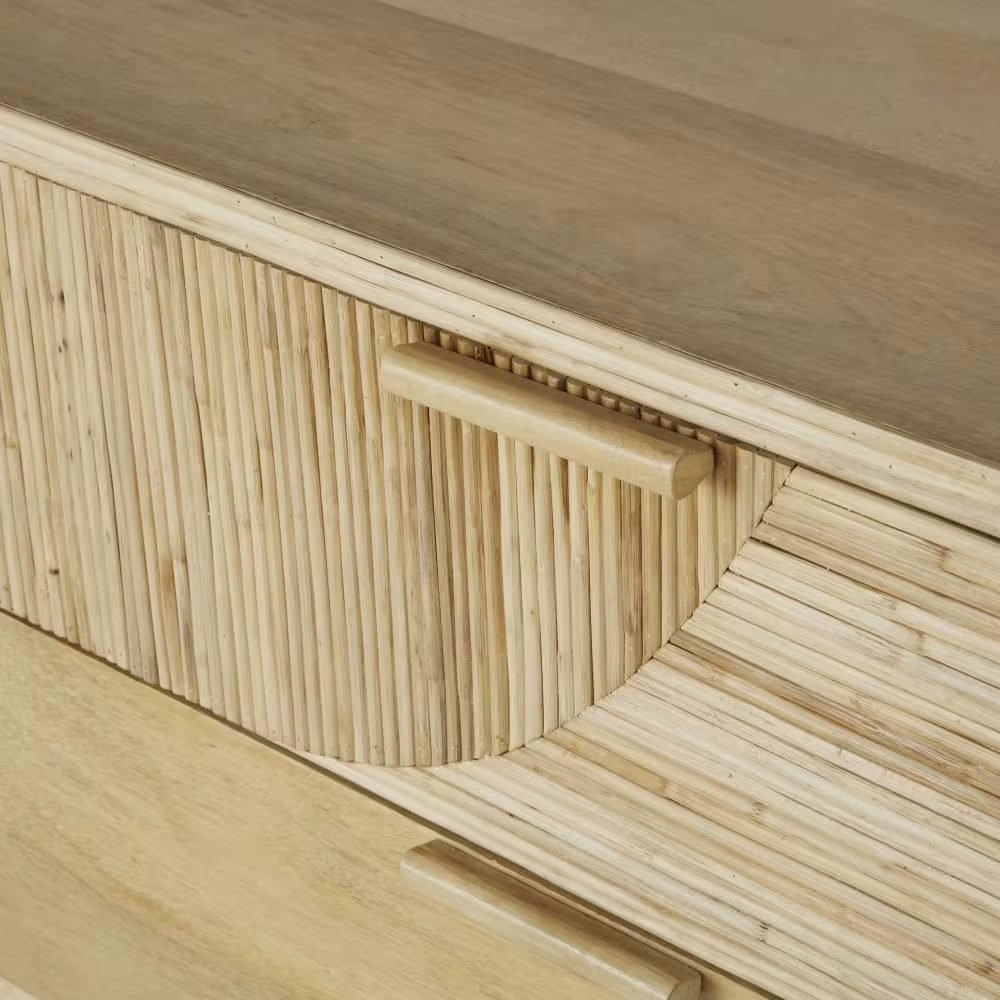 Commode Japandi 3 tiroirs marqueterie rotin beige – Ratane